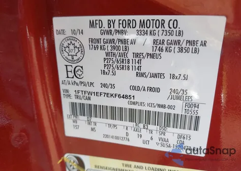 2014 Ford F-150 Xlt from USA, damaged, VIN 1FTFW1EF7EKF64851